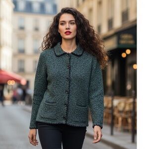 Alia Vintage Tweed Knit Scalloped Cardigan Sweater Green Blue Gold MP